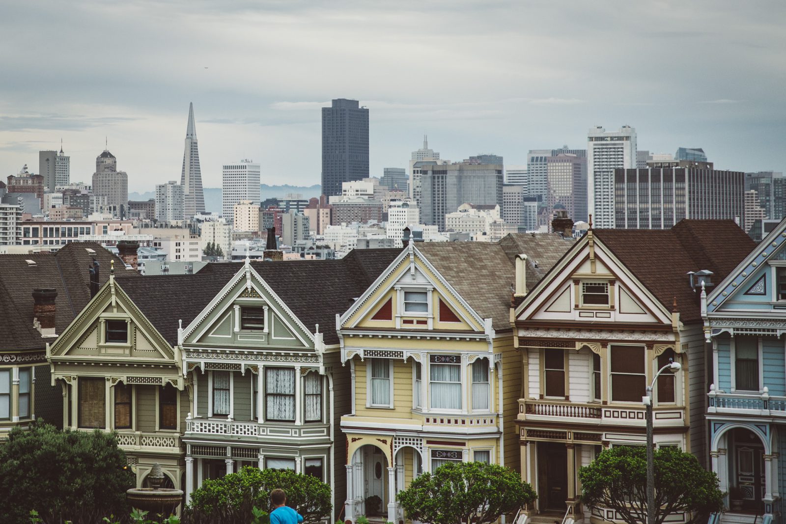 victorian houses with san francisco skyline